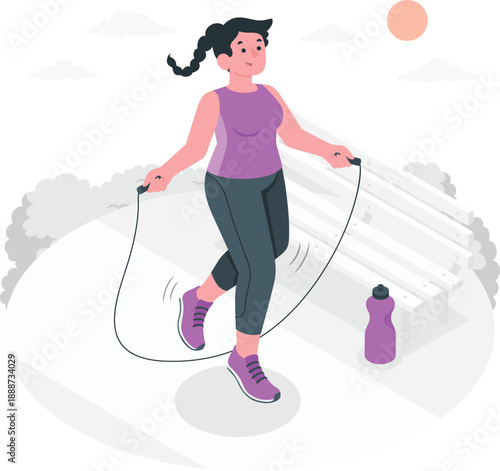 Active woman jumping rope outdoors with a water bottle nearby on a sunny day