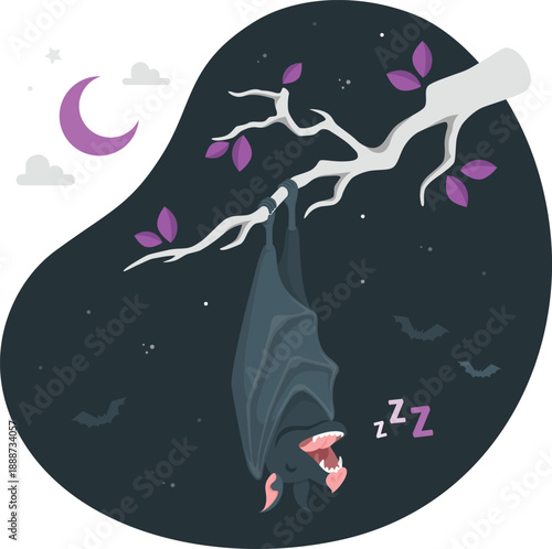 A bat hangs upside down from a bare tree branch at night under a crescent moon and stars