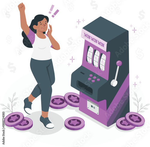 Woman celebrating a jackpot win at a slot machine surrounded by scattered coins