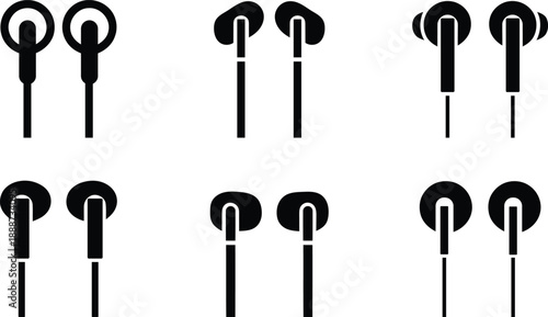 Collection of six different black icons representing various styles of earbuds and inear headphones isolated on a transparent background