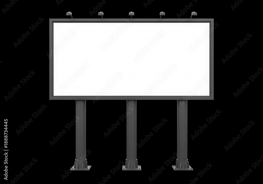 Obraz premium Large outdoor advertising structure featuring a blank white display panel supported by three dark grey posts against a solid black background