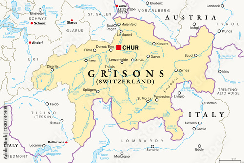 Canton Grisons, Switzerland, political map with capital Chur. Largest and easternmost canton, and a major tourist destination, with numerous Alpine resort towns, notably Davos and St. Moritz. Vector