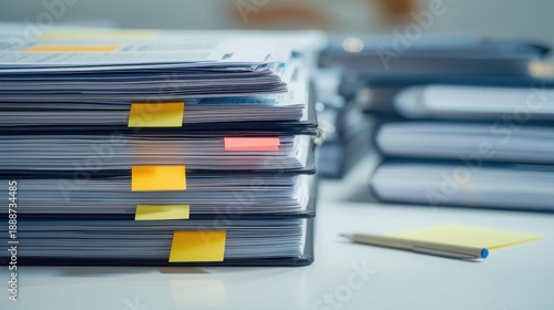 A stack of real, thick printed reports and binders on a desk, with colorful sticky notes marking pages