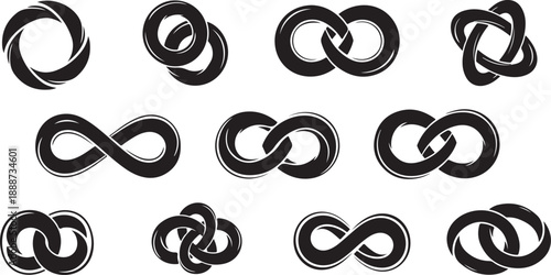 Black and white infinity symbols and knot designs collection