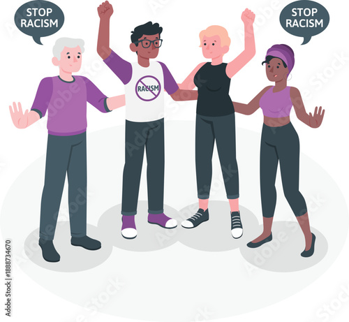 Diverse group of people standing together against racism with raised hands and speech bubbles