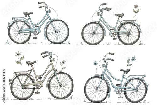 Set of four bicycle illustrations with flowers