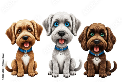 Vector illustration of three cute dogs with collars