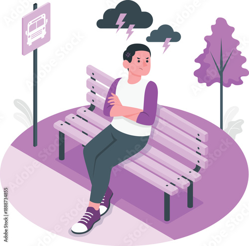 Man sitting on a bench in a park, waiting for a bus, during a stormy weather, from a front viewpoint