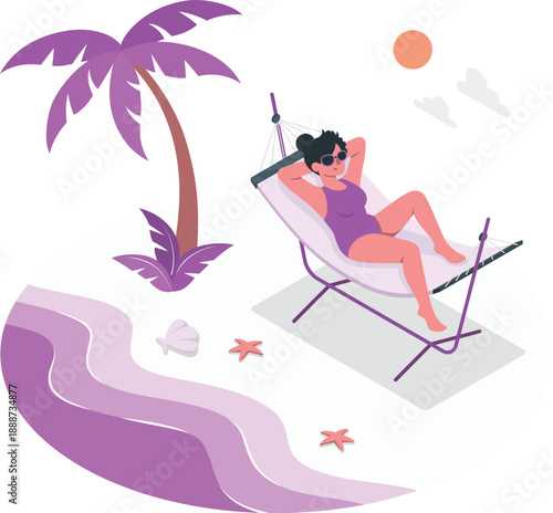 A woman relaxing on a hammock under a palm tree by the beach with starfish and seagulls around