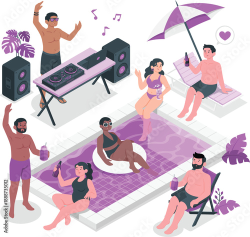 Vibrant pool party scene with people enjoying music and leisure time together on a sunny day