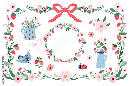 Spring strawberry collection with floral design, fresh fruit in garland, wreath and bouquets, coquette elements isolated on white