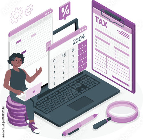 A person working on tax calculations on a laptop with financial documents and stationery around