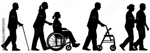 Mobility Assistance Silhouette Icons: Cane, Wheelchair, Walker, Supportive Walking, Companion Walking, Healthcare, Accessibility, Elder Care, Rehabilitation, Black and White Line Art