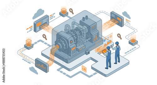 Isometric Smart Factory Illustration with Industrial Machine and Workers Monitoring Data, Industry 4.0 Digital Twin Concept for Manufacturing Technology and IoT Automation