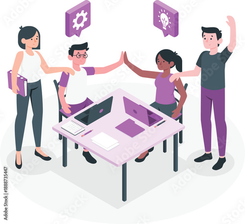 Diverse team celebrating success around a table with laptops and documents in a modern office setting