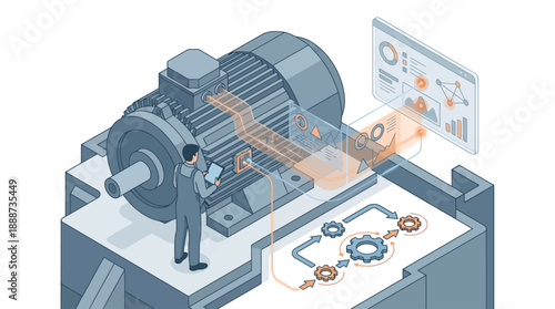 Industrial Motor Maintenance with Digital Twin Technology and IIoT Analytics, Smart Factory Engineer Monitoring Electric Engine Performance Isometric Illustration