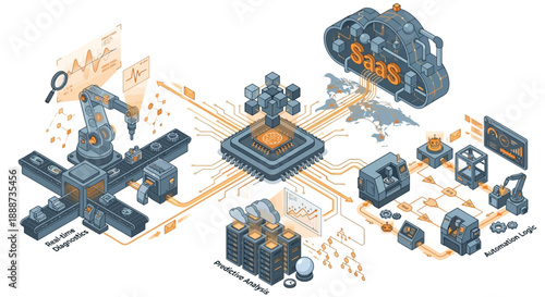 Isometric Smart Factory and SaaS Cloud Computing for Industry 4.0, Industrial Automation with Robotic Arms, Data Servers, and Predictive Analysis for Digital Transformation