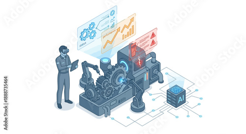 Isometric Smart Factory Concept with AI Automation, Industrial Robot Arms, and Technician using VR Headset for Data Monitoring and Maintenance, Industry 4.0 Digital Transformation