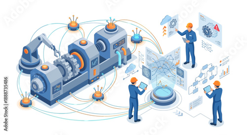 Isometric Smart Factory Illustration with Engineers Monitoring Industrial Automation, Robotic Arm, and Data Analytics for Industry 4.0 Digital Transformation and Manufacturing Efficiency