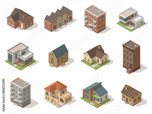 Isometric Building Set of Residential Houses and Apartment Blocks for Urban Planning and Real Estate Development, Modern and Traditional Architecture Icons for Maps and Infographics