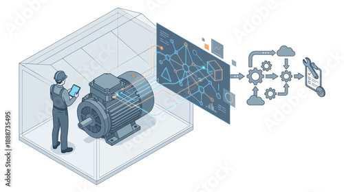 Isometric Industrial Motor Digital Twin Interface with Engineer for Predictive Maintenance and Smart Factory Industry 4.0 Data Analysis