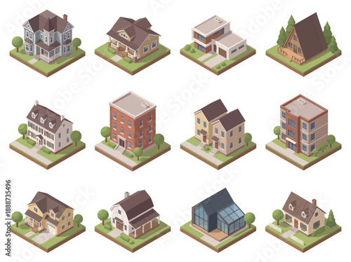 Isometric 3D House and Building Collection for Real Estate Development, Property Maintenance Services, and Urban Planning. Modern Suburban Homes, Apartment Blocks, and Residential Architecture Set