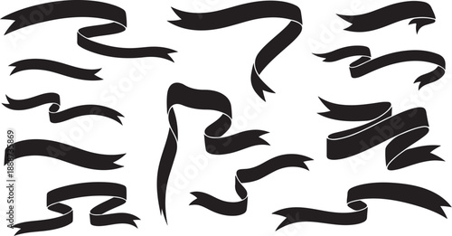 Collection of black ribbons and banners in various shapes