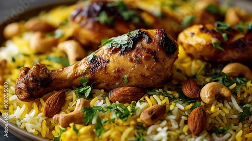 Chicken biryani with roasted drumsticks and basmati rice. Traditional Indian food with almonds and cashews