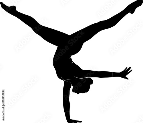 Silhouette of a female gymnast performing a handstand with a split, concept for flexibility, strength, and athletic grace on white