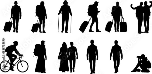 Set of silhouettes of travelers and tourists with luggage, backpacks, and bicycles, representing global travel, hiking, and vacation lifestyle