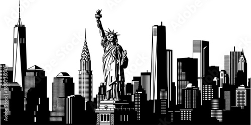 Black and white vector illustration of New York City skyline featuring Statue of Liberty and skyscrapers isolated on white background