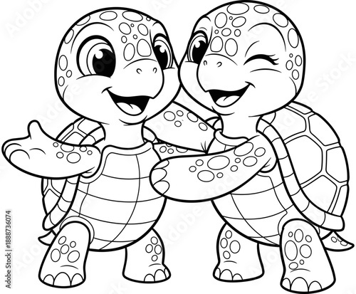 Cute cartoon line art illustration of two happy baby turtles hugging and smiling for kids coloring book page or education