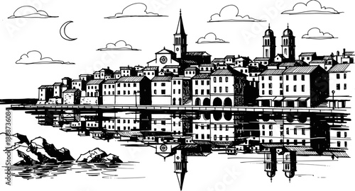 Hand drawn pencil sketch illustration of a coastal European Mediterranean town with old buildings reflected in the sea water at night