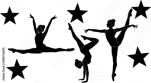 Black silhouette of female gymnasts performing splits handstands and leaps with stars isolated on white background for sports and fitness