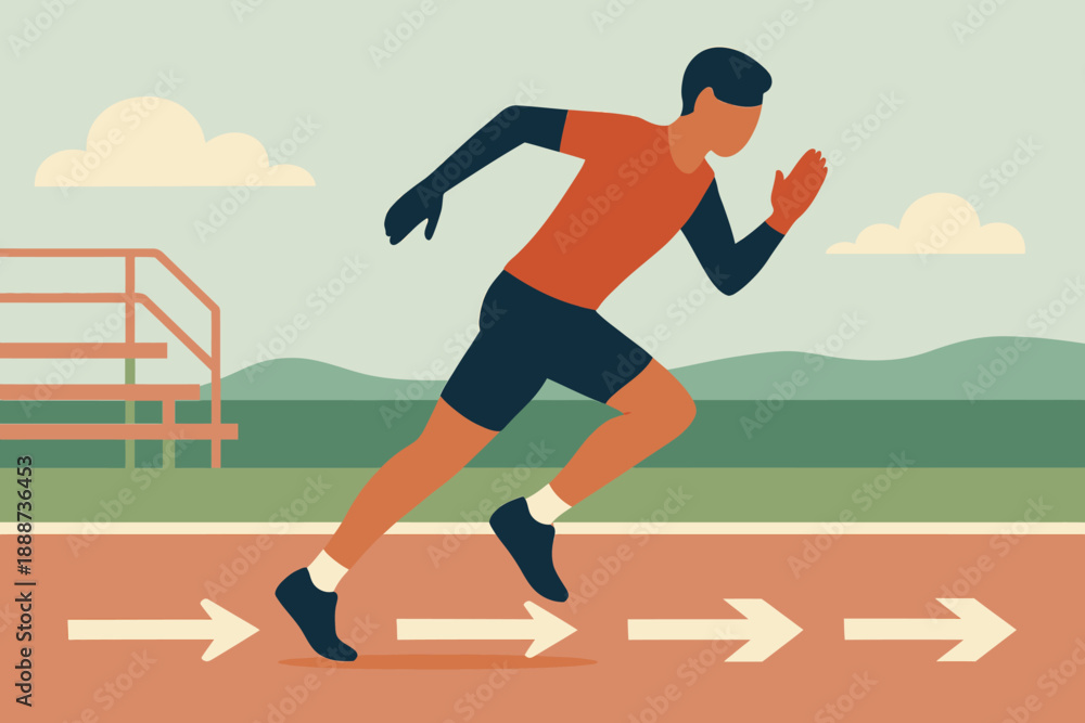 Obraz premium Athlete Sprinting on Track with Arrows Indicating Direction.