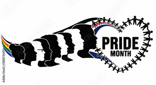 Pride Month Celebration Set Featuring Diverse Silhouette Profiles and Inclusive Heart-Shaped Human Chain Symbols