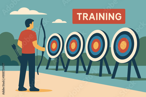 Archery Training - Man with Bow and Arrow Aiming at Targets.