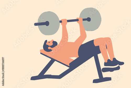 Man performing bench press exercise with barbell in gym.