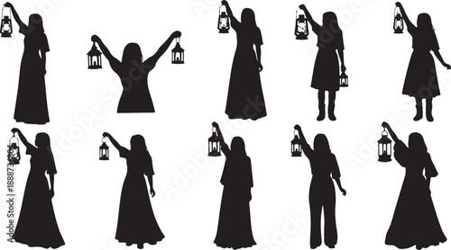Silhouette of woman holding lantern in various poses sequence