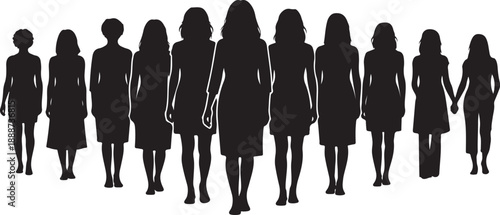 Silhouettes of women standing in a row together united