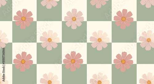 Charming floral pattern featuring delicate pastel flowers arranged in a checkerboard design on a soft green background, perfect for spring and summer themes