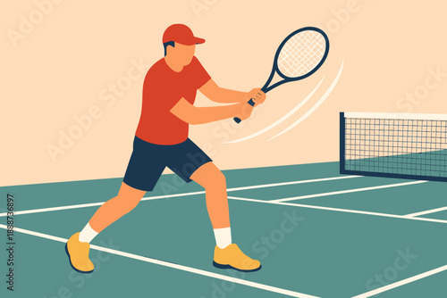 Tennis Player Hitting Forehand on Court Illustration.