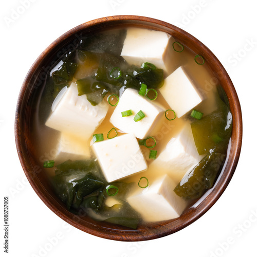 Bild auf Leinwand Top view of healthy Japanese miso soup with soft tofu and seaweed in a wooden bo