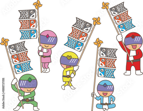 こいのぼりを掲げるヒーロー風キャラクターイラスト｜子どもの日・端午の節句素材