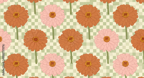Seamless retro pattern with stylized flowers on a checkered background, perfect for vintage-inspired designs