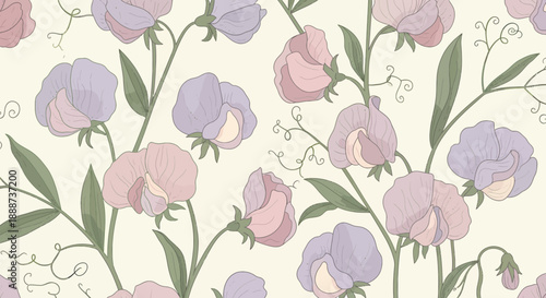 Seamless pattern of delicate sweet pea flowers in soft pastel pink and purple hues, a beautiful floral design
