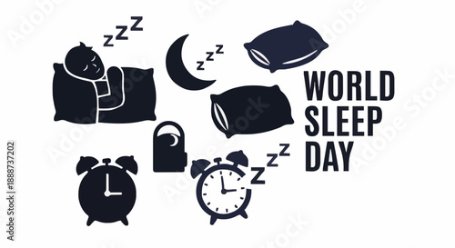World Sleep Day Celebration Set Featuring Silhouette of a Person Sleeping, Alarm Clocks, Pillows, and Nighttime Crescent Moon Icons