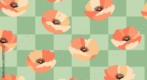 Seamless pattern of charming orange poppies on a soft green checkered background, a delightful floral design for various applications
