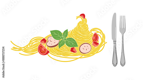 Delicious plate of spaghetti pasta decorated with fresh red tomato slices and green basil leaves next to a fork and knife.