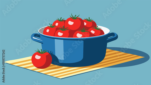 Blue ceramic pot filled with ripe red tomatoes sitting on a striped yellow mat against a solid teal background.